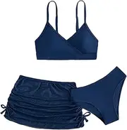 [Cozyease] Girls' 3 Piece Plain Swimsuit Wrap Bikini with Ruched Cover Up Skirt Set