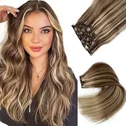 Clip in Hair Extensions Real Human Hair Clip in Extensions,20 Inch Chestnut Brown Balayage Blonde Highlights Real Hair Extensions Clip in Remy Human Hair 7 Pieces 70G Double Weft Clip ins Extensions