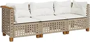 vidaXL 3-Seater Garden Sofa Couch - Beige Rattan Patio Settee with Cushions