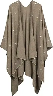 [REEMONDE] Womens Rhinestones Open Front Poncho Shawl Wrap Cape Ruana Travel Blanket Cardigan