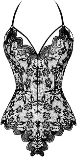 Sexy Lace Lingerie for Women, MH MOIHSING Snap Crotch Teddy Lingerie Sheer Lace One Piece High Cut Bodysuit, Sexy Lace Bodysuit Deep V Neck Backless Floral Halter Teddy Valentine (Size S, Black)