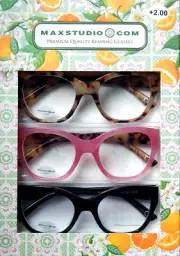 MAXSTUDIO +2.00 WOMEN'S PREMIUM READING GLASSES 3-PACK READERS NEW AUTHENTIC