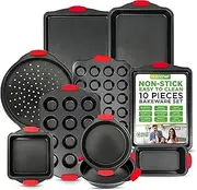 NutriChef Non-Stick Kitchen Oven Baking Pans-Deluxe & Stylish Nonstick Gray Coating Inside Outside, Commercial Grade Restaurant Quality Metal Bakeware with Red Silicone Handles NCSBS10S, 10 Piece Set
