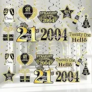 MOORAY 36PCS Black Gold 21st Birthday Decorations Hanging Swirls for Men Women,Happy 21st Birthday Party Supplies Vintage 2003 Foil Swirls,21 Year Old Birthday Ceiling Hanging Decorations Sign Decor