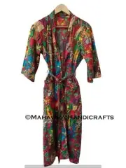 Women Cotton Floral Print Red Lingerie Night Gown Sleepwear Kimono Robe
