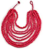 [Avalaya] Layered Multistrand Bib Style Wood Bead Necklace in Deep Pink - 40cm Shortest/ 70cm Longest Strand, One Size, cords wood