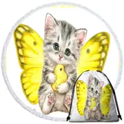 Sweet Yellow Butterfly Kitten and Chick Round Beach Towel