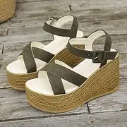 [XWCG] Womens Wedge Flip Flops Sandals with Buckle Ankle Strap Summer Comfortable Platform Bohemia Flat Shoes Casual Suede Beach Shoes,Green,US8/EU40