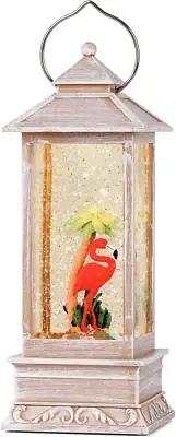 Snow Globe Lantern, Pink Flamingo Lighted Snow Globe Lantern with Timer, USB and
