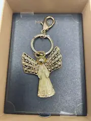 Monet GoldTone Key Ring Yellow Enamel Angel W/AB Rhinestone Wings NIB Whimsical