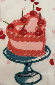 MIREILLE DESIGNS EMBROIDERED PINK HEART CAKE RED CHERRIES FOODIE 3 TOWELS SET