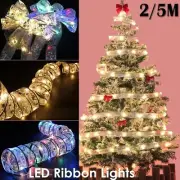 Xmas Hanging LED Christmas Tree Ribbon Bow Light Up Topper Top Lights Decor Home