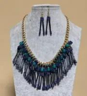 Navy Blue lucite Bead dangle From Gold Tone Link Necklace earring set