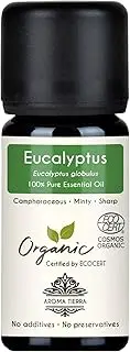 Aroma Tierra Eucalyptus Essential Oil - 100% Pure & Organic - For Skin, Hair, Diffuser, Humidifier, Vaporizer, Cold, Candle - 10ml