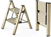 WOA WOA Step Ladder, 2 Step Foldable Step Stool with Widen Pedals, Portable Aluminum Stepladder, Compact Ladder for Space Saving, Home Ladder for Kitchen(300lbs, Gold)