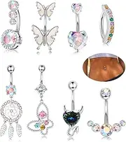 [Sanfenly] 8pcs Belly Button Bars Clicker Belly Button Rings for Women Girls Surgical Steel with Dangle CZ Butterfly Heart Curved Reverse Navel Rings Pink Blue White Belly Bar Piercing Body Jewelry 14G