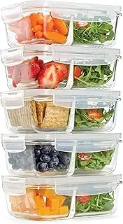 [Fit & Fresh] Divided, 5-Pack, Two Compartments, Set of 5 Containers with Locking Lids, Glass Storage, Meal Prep Containers with Airtight Seal, 27 oz.