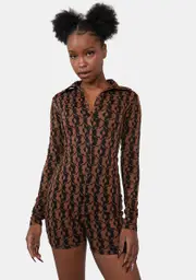 [Dolls Kill] Wavy Flower Brown Warna Playsuit