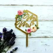 Wedding Bride Groom Acrylic Mr Mrs Cake Topper Gold Mirror Hexagon Pink Flower
