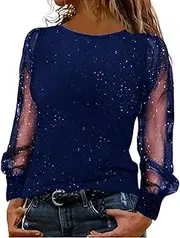 [Generic] Women Elegant Sequin Shirts with Mesh Long Sleeve Shiny Crewneck Shirts Shiny Dressy Blouses Party Festival Outfits