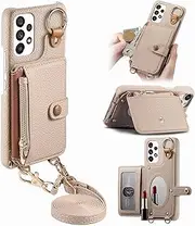 Durable Removable Crossbody Wallet Phone Case for Samsung Galaxy A52 5G, Zippered Purse,Ring Holder,Integrated Mirror,Card Slot,Multi-Angle Stand in Elegant Pebbled Leather Cover(Khaki)