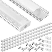 ibasenice Light Channel - 4 Sets Channel System Silver U-Shape Diffuser with Milky White Cover Aluminum Profile Housing