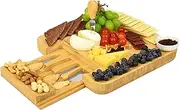 Gold Armour Unique Bamboo Cheese Board, Charcuterie Platter & Serving Tray Including 4 Stainless Steel Knife & Thick Wooden Server - Fancy House Warming Gift & Perfect Choice for Gourmets