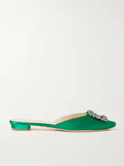 [Manolo Blahnik] Manolo Blahnik - Hangisi Crystal-embellished Satin Slippers - Green - IT40 IT 40 Green