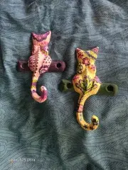 Cat Hook Handpainted Colorful Coat Cap Belt Cast Iron Rustic 4-1/2" x 4" NEW