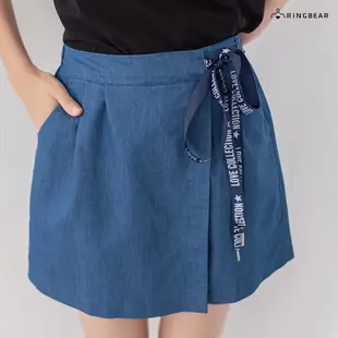 眼圈熊 中大尺碼 R251個性獨特潮流英字綁帶開衩裙襬牛仔短褲裙(藍XL-5L)