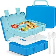 HAWEEK Bento Box for Kids Adults, 1500ML Chill Lunch Box with Reusable Ice Pack, Leak-Proof 5-Compartment Bento Lunch Container with Spoon & Fork Portable Handle for All Seasons (Blue)