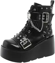 [Generic] Women's Goth Platform Ankle Boots with Bat Wing Buckles Fashion Wedge Chunky Platform Boots Zipper Bootie Shoes