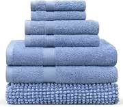 LINENOVA 7-Piece Bath Towel & Chenille Bath Mat Set – 100% Combed Cotton, 550GSM Soft, Absorbent & Quick-Dry Towels and Rugs for Daily Bathroom Use – Blue Suede