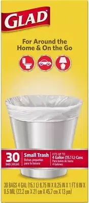 Glad Small Office Size White Garbage Bags, (6 Pack) 4 Gallon Bags, 30 Count