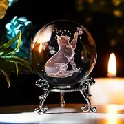 HDCRYSTALGIFTS Cat Crystal Ball with Stand 3D Laser Engraved Glass Globe Decorative Art Crystal Sphere Glass Ball Paperweight Gifts for Women(2.5in,Clear)