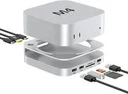 AKKYAJAURE Mac Mini M4 Hub, 10 in 1 Aluminum Mac Mini Stand and Dock for Mac Mini M4/M4 Pro with M.2 NVMe SSD Enclosure, 4K60hz HDMI, 10Gbps USB-A*2, SD/TF Card Readers| Mac Mini 2024 Accessories