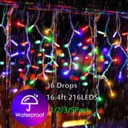 16.4ft 216LED Icicle Lights Plug in Curtain String Twinkle Tree Xmas Party Light