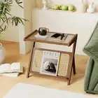 Rattan Side Table Boho NightStand Mid Century Modern End Table Glass Bedside,,,,