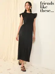 Friends Like These Black 2 In 1 Pleated Short Sleeve Midi Dress (F03406) | $92