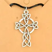 Silver Celtic Knot Cross Pendant black cord chain necklace