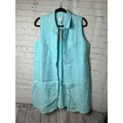 Chico's Soqia Aqua Blue Linen Button-Down Shirt Sleeveless Summer Top