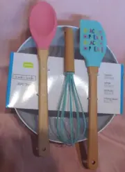 NEW Cook's Tools 4 Piece Set ~ Spoon Whisk Spatula Mixing Bowl Stripe Melamine