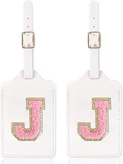 [XSUIOY] Personalized Initial Chenille Letter Luggage Tag,2Pcs Leather Luggage Tags Cute Privacy Protection Travel Bag Embroidered Labels,Monogrammed Luggage Tags for Baggage Bag Suitcases(2white_J)