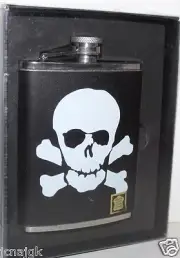 Bey-Berk NIB 6 oz. Leather Flask w/ Skull & Crossbones