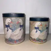 WINTER Geese Nesting Tins SET of 2 White Goose Blue Gold Vintage 1980s