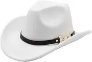 [Generic] Classic Vintage Unisex Wide Brim Fedora Hat Cowboy Western Hat with Band Belt Buckle Solid Color Fedora Hats White 61CM, White, One Size, White, One Size