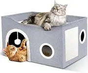 Heeyoo Cat House for Indoor Pets - Large Bed Cave With Fluffy Ball and Scratch Pad, Foldable Condos, Cubes, Hideaway, Covered Bed