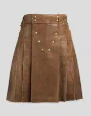 Men's Real Vintage Leather Pleated Kilt Side Laces&Pocket Clubwear Utility Kilt