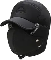[BJ-SHOP] Aviator Hats, Unisex Winter Bomber Cap with Ear Flaps, Windproof Neck Mouth Mask for Cycling, Skating, Skiing, Outdoor Activities, Black