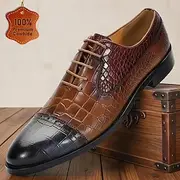 Men's Dress Shoes Crocodile Pattern Walking Leather Italian Full-Grain Cowhide Slip Resistant Lace-up Dark Brown
